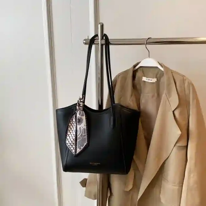 Elegant Black Tote Bag with Leather Trim and Scarf Accent
