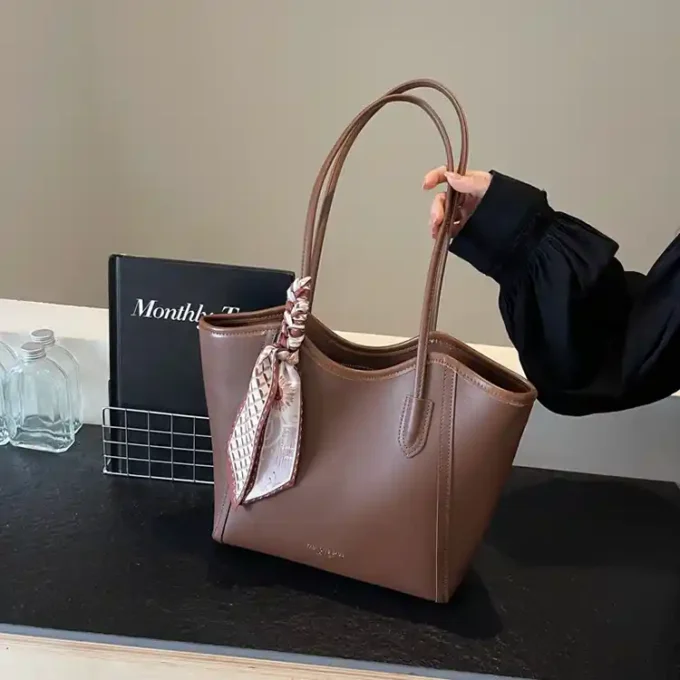 Elegant Brown Tote Bag with Leather Trim and Scarf Accent