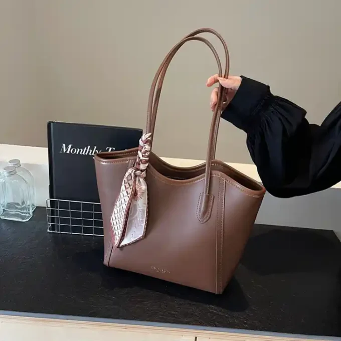 Elegant Brown Tote Bag with Leather Trim and Scarf Accent
