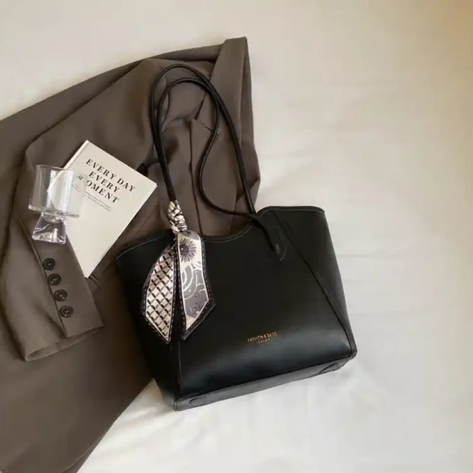 Elegant Black Tote Bag with Leather Trim and Scarf Accent