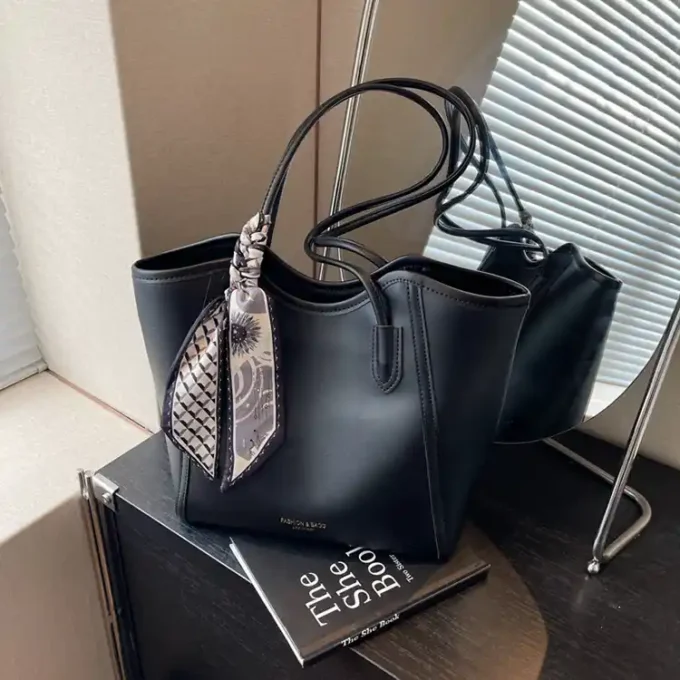 Elegant Black Tote Bag with Leather Trim and Scarf Accent