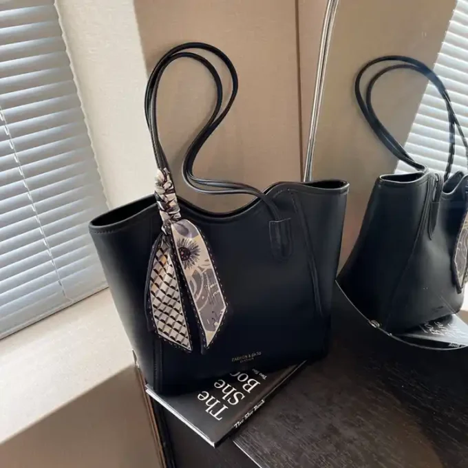 Elegant Black Tote Bag with Leather Trim and Scarf Accent