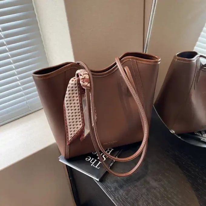 Elegant Brown Tote Bag with Leather Trim and Scarf Accent