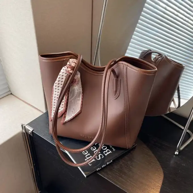 Elegant Brown Tote Bag with Leather Trim and Scarf Accent