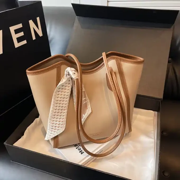 Elegant Khaki Tote Bag with Leather Trim and Scarf Accent