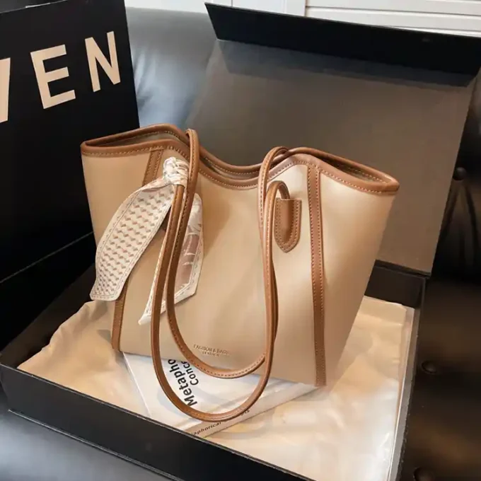 Elegant Khaki Tote Bag with Leather Trim and Scarf Accent