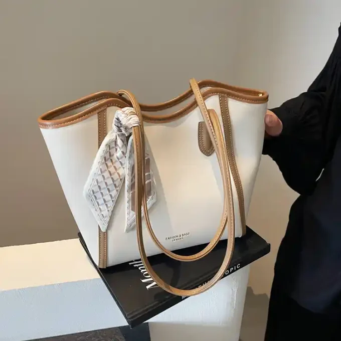 Elegant Beige Tote Bag with Leather Trim and Scarf Accent