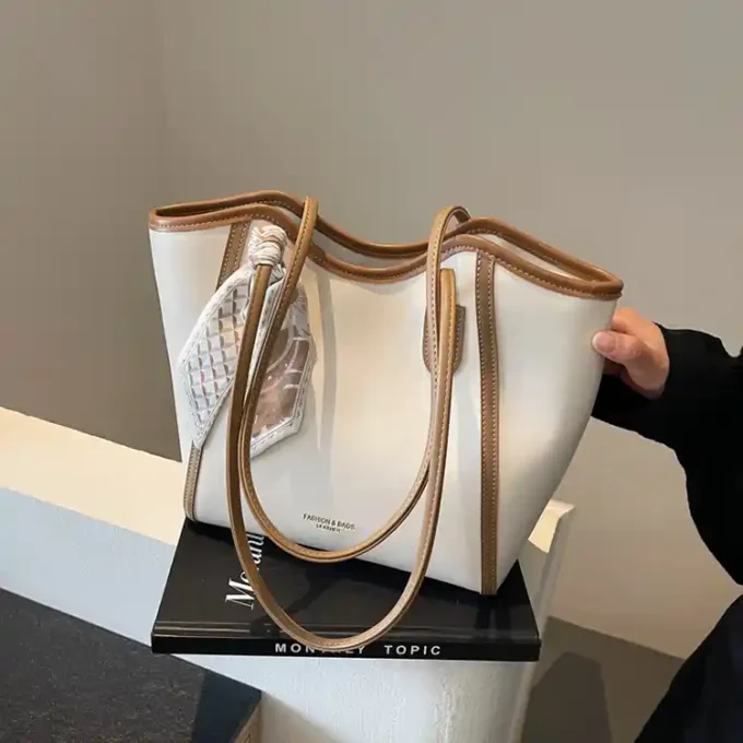 Elegant Beige Tote Bag with Leather Trim and Scarf Accent