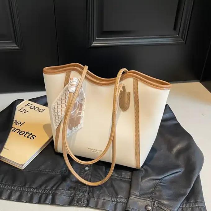 Elegant Beige Tote Bag with Leather Trim and Scarf Accent