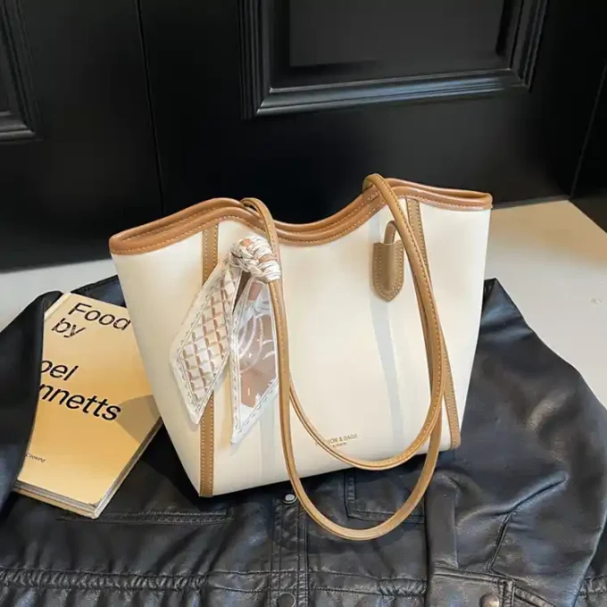 Elegant Beige Tote Bag with Leather Trim and Scarf Accent