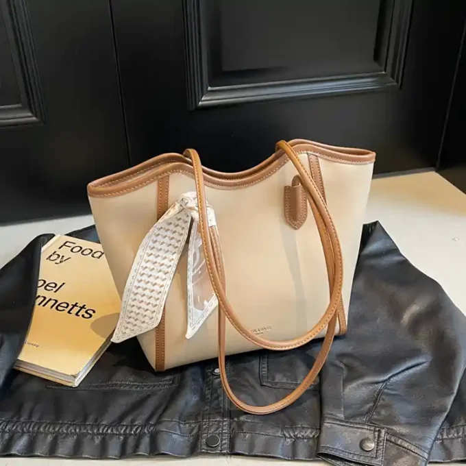 Elegant Beige Tote Bag with Leather Trim and Scarf Accent