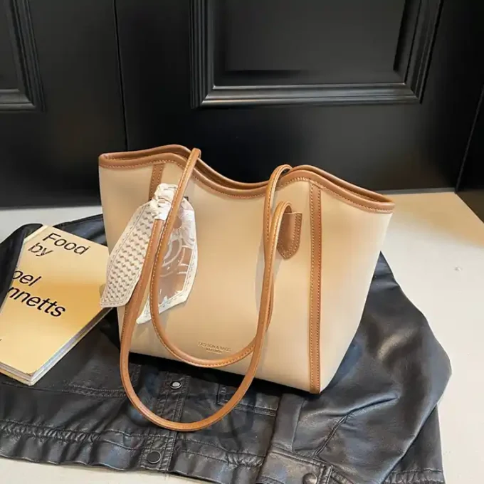 Elegant Beige Tote Bag with Leather Trim and Scarf Accent